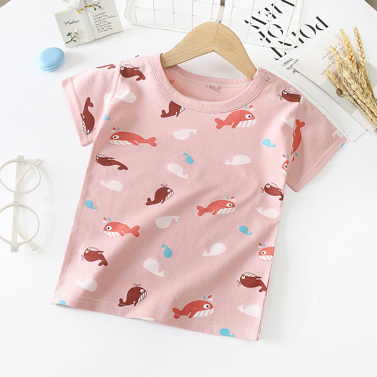 Printed Short-Sleeve Cotton T-Shirt – Pink fish