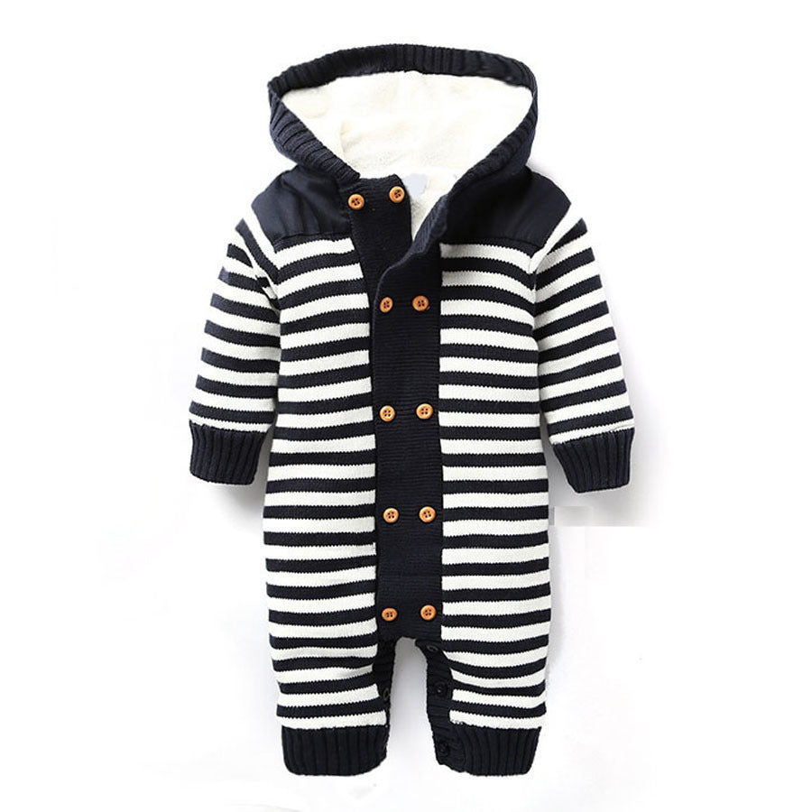 Striped Knit Hooded Romper, Fleece-Lined – Navy