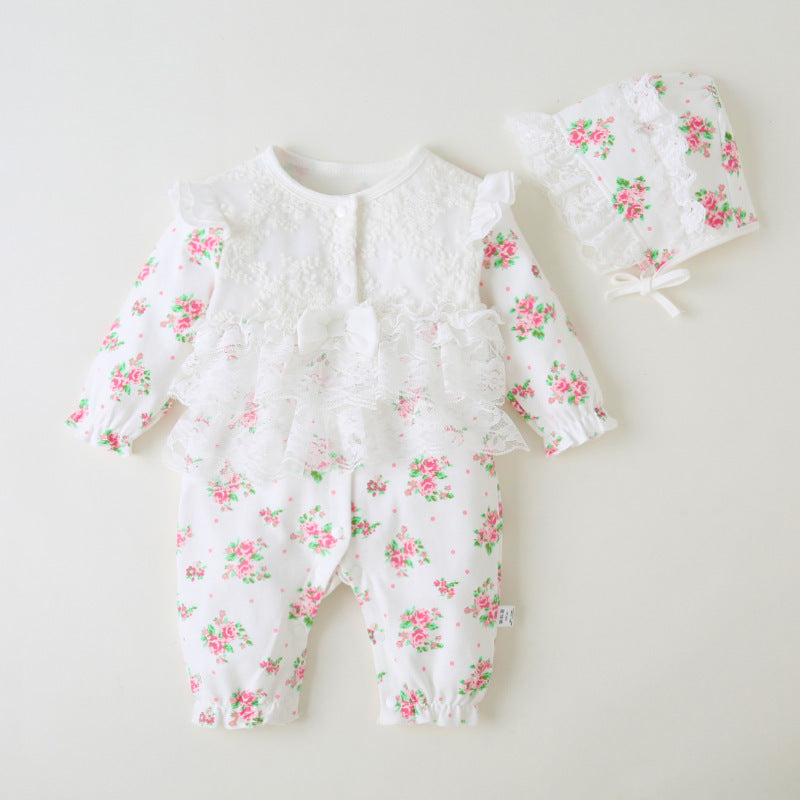 Floral Lace Romper with Matching Bonnet – White