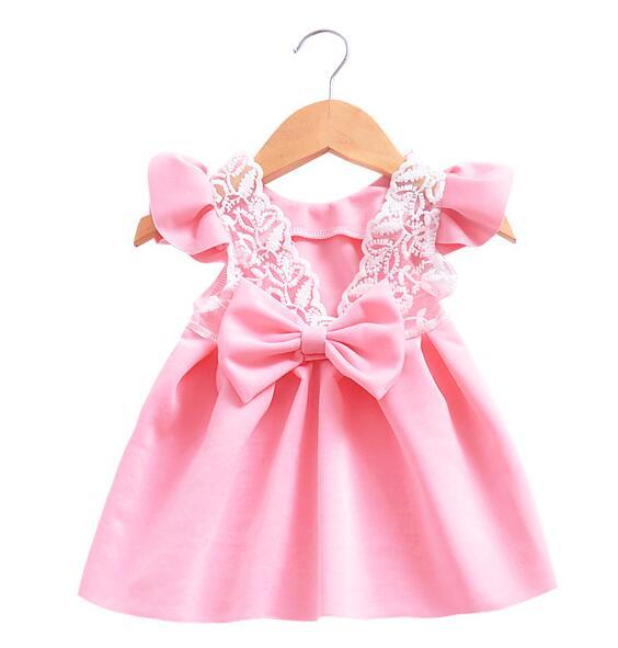 Flutter-Sleeve Dress with Lace & Bow Back – Pink