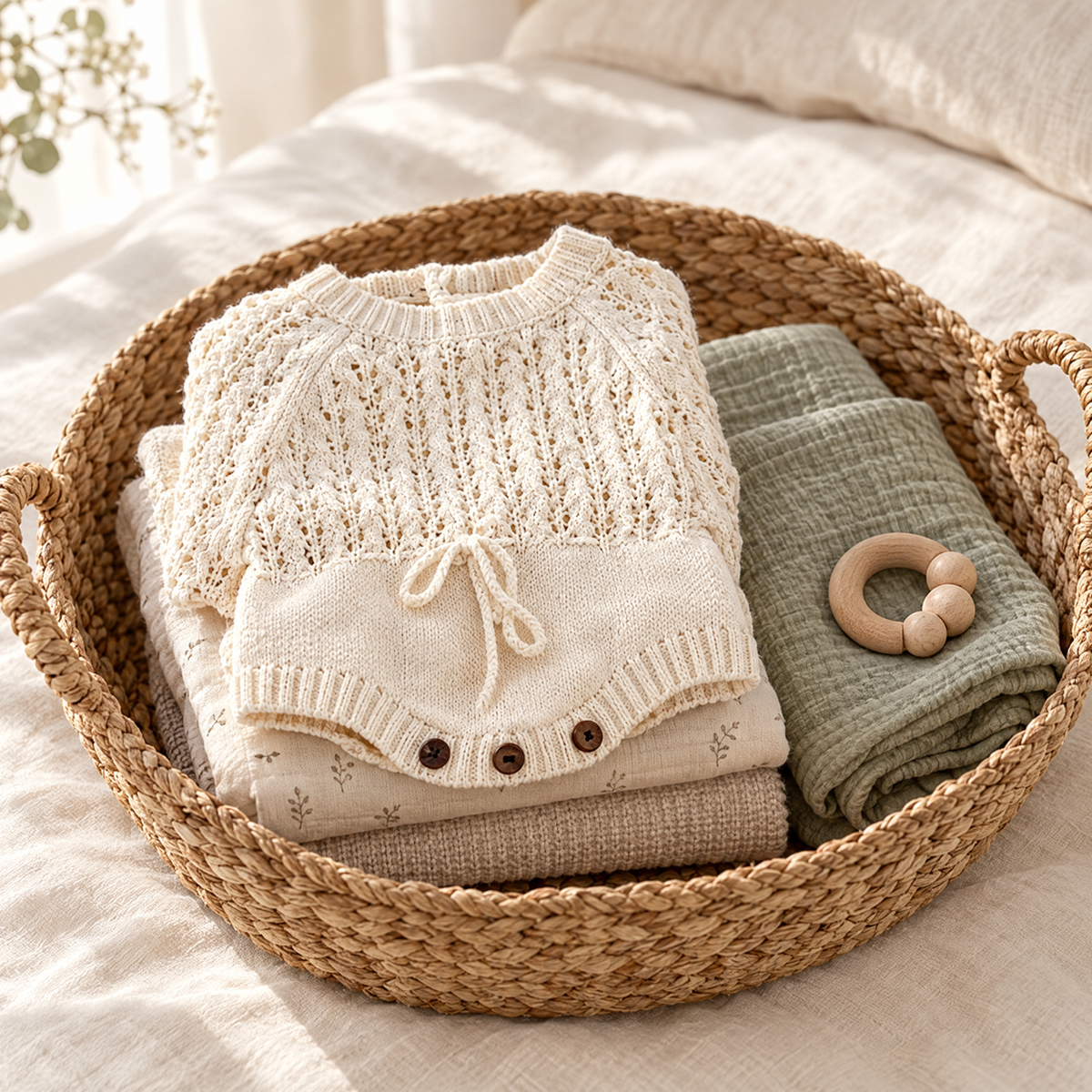 Folded knit baby romper and muslin in a woven basket