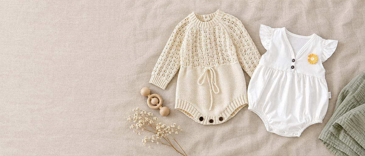 Cream pointelle knit romper and white daisy romper laid flat on linen