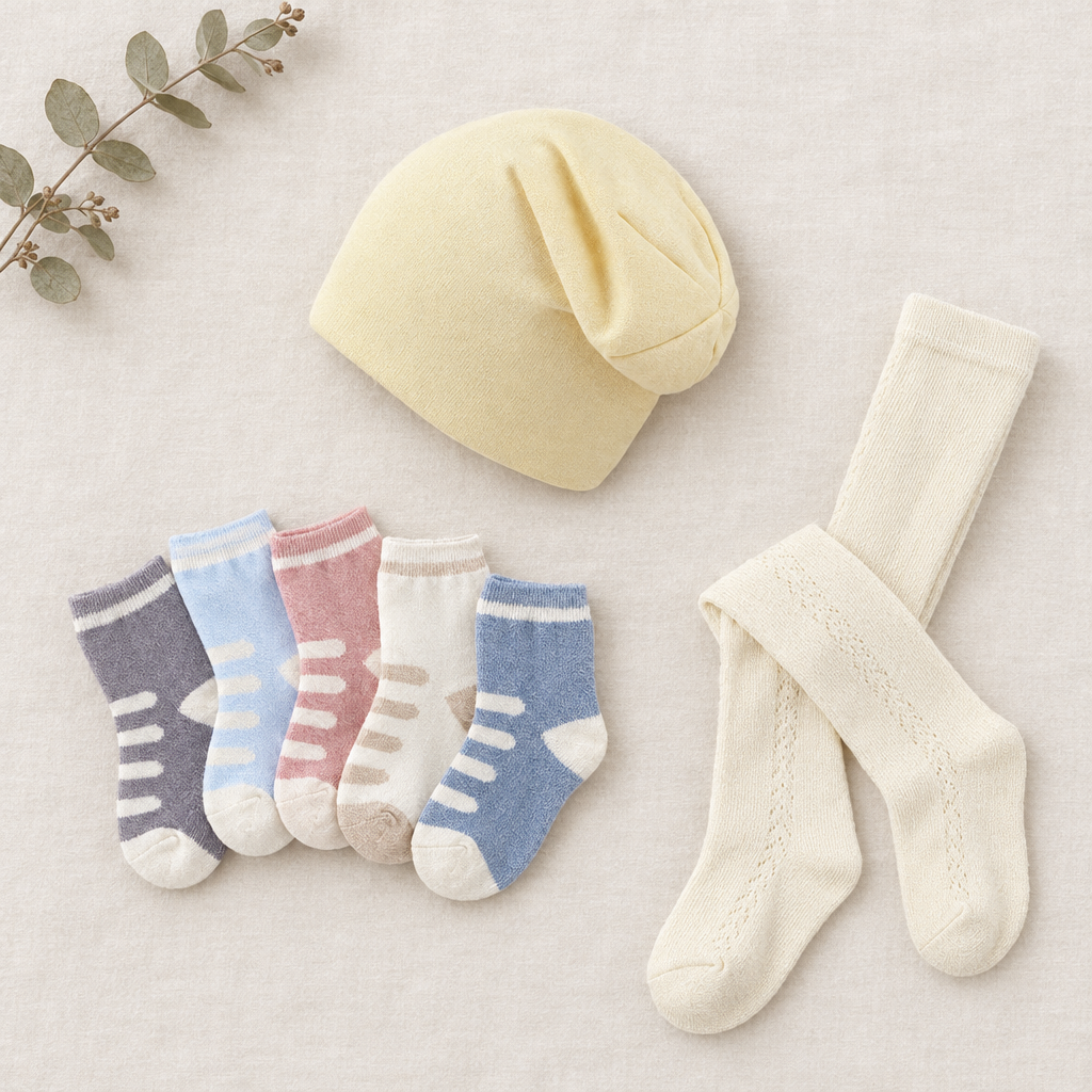 Cosy Little Extras Bundle – cream beanie, striped socks and cream tights
