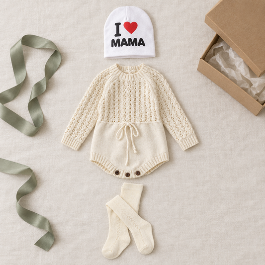 Cosy Knit Gift Set – pointelle romper, cream tights and I Love Mama hat