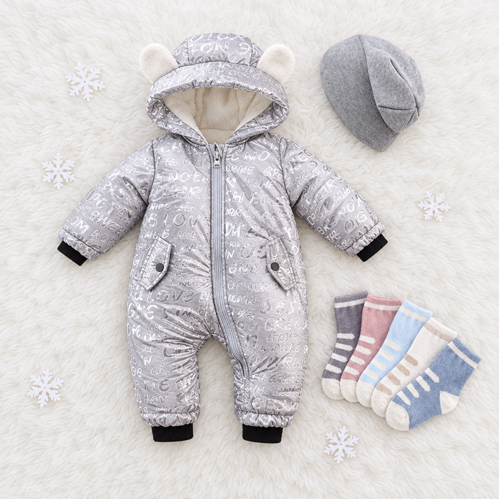 Snow Day Set in silver – fleece snowsuit, grey beanie and striped socks